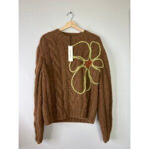 NWT Lingua Franca Flower Embroidered Long Sleeve Sweater Brown Size: M